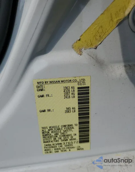 2021 Nissan Altima Sr from USA, damaged, VIN 1N4BL4CV8MN376572